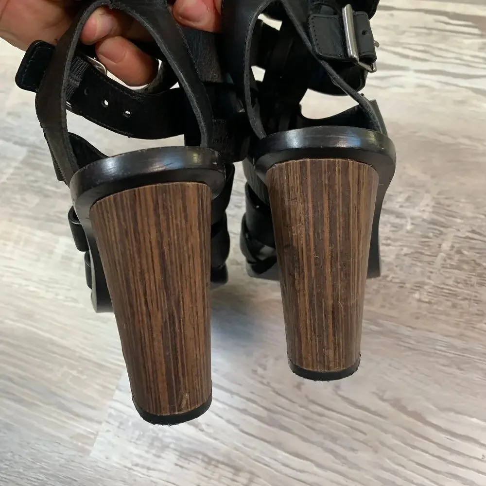 Vince Black Leather Strappy Gladiator Heels 5 Made in Italy Wood Heel